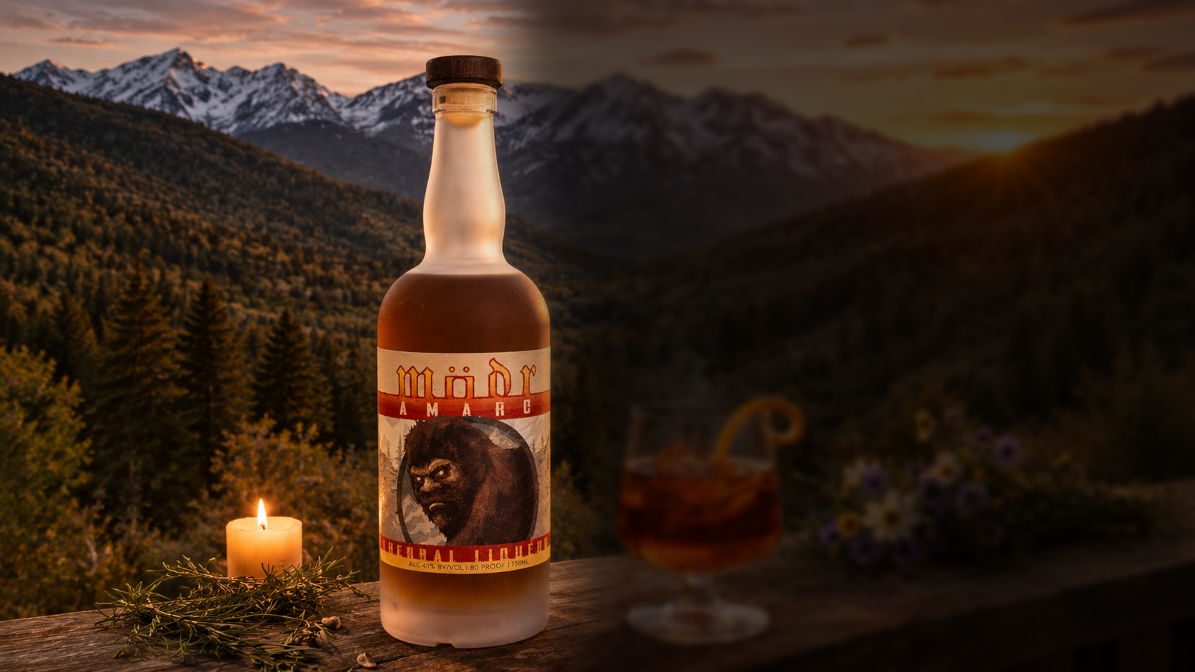 MÖDR Amaro Herbal Liqueur - Professionally photographed. Sitting atop a table with the Wasatch mountains in the background.